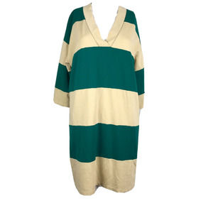 Hoss Intropia‎ Dress Sz 6 (38) Womens Green Beige Stripe T-Shirt Mini V-neck
